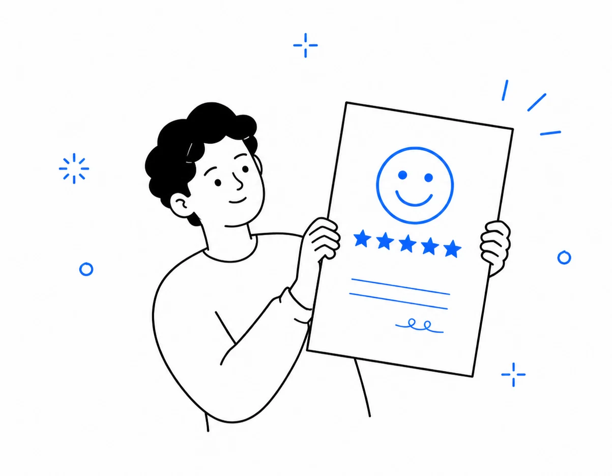 Illustration of a trainer proudly holding up a Feedback Badge with a smiley face and five stars