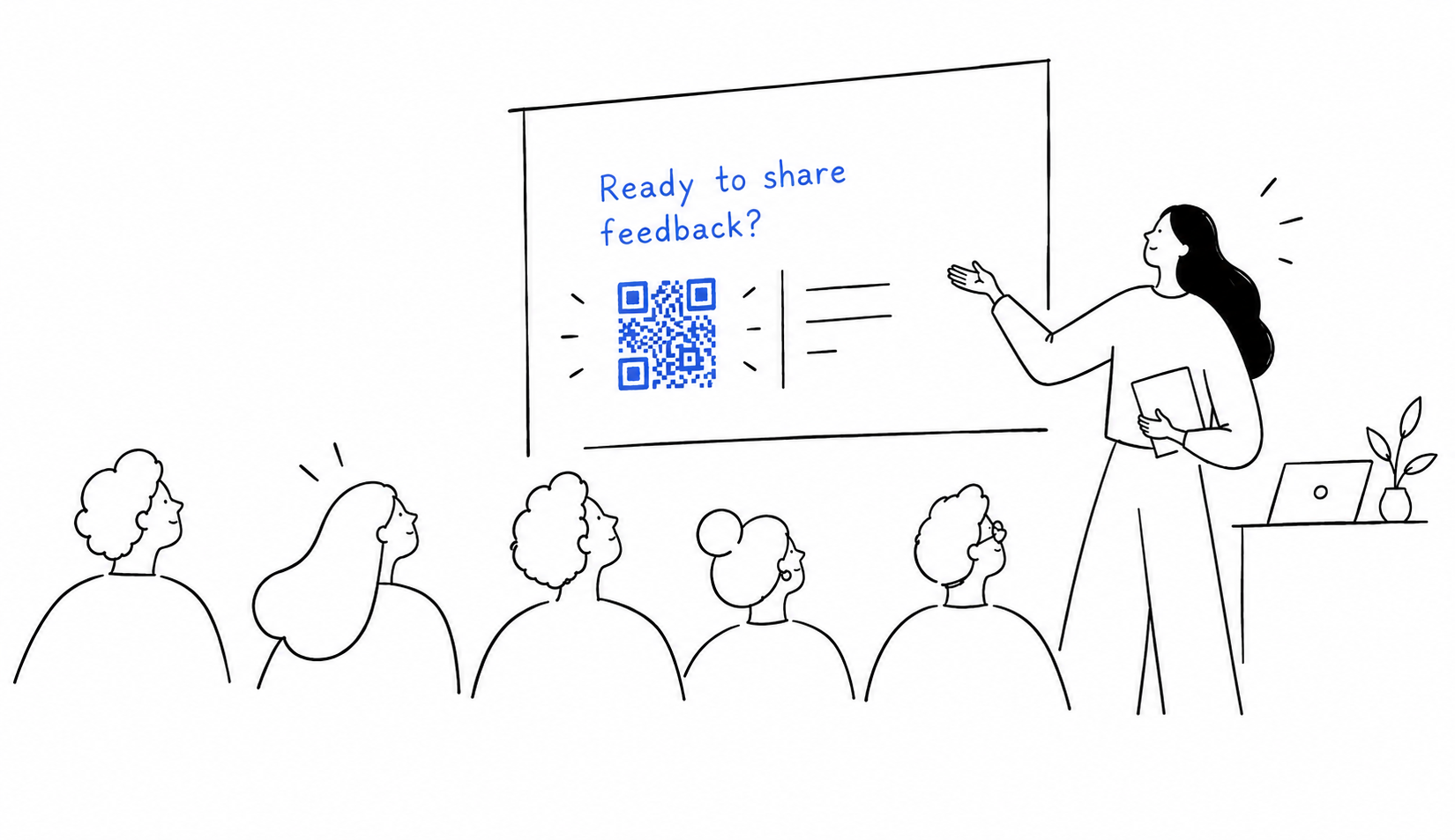 A trainer invites participants to share feedback by scanning a QR code on the last slide.