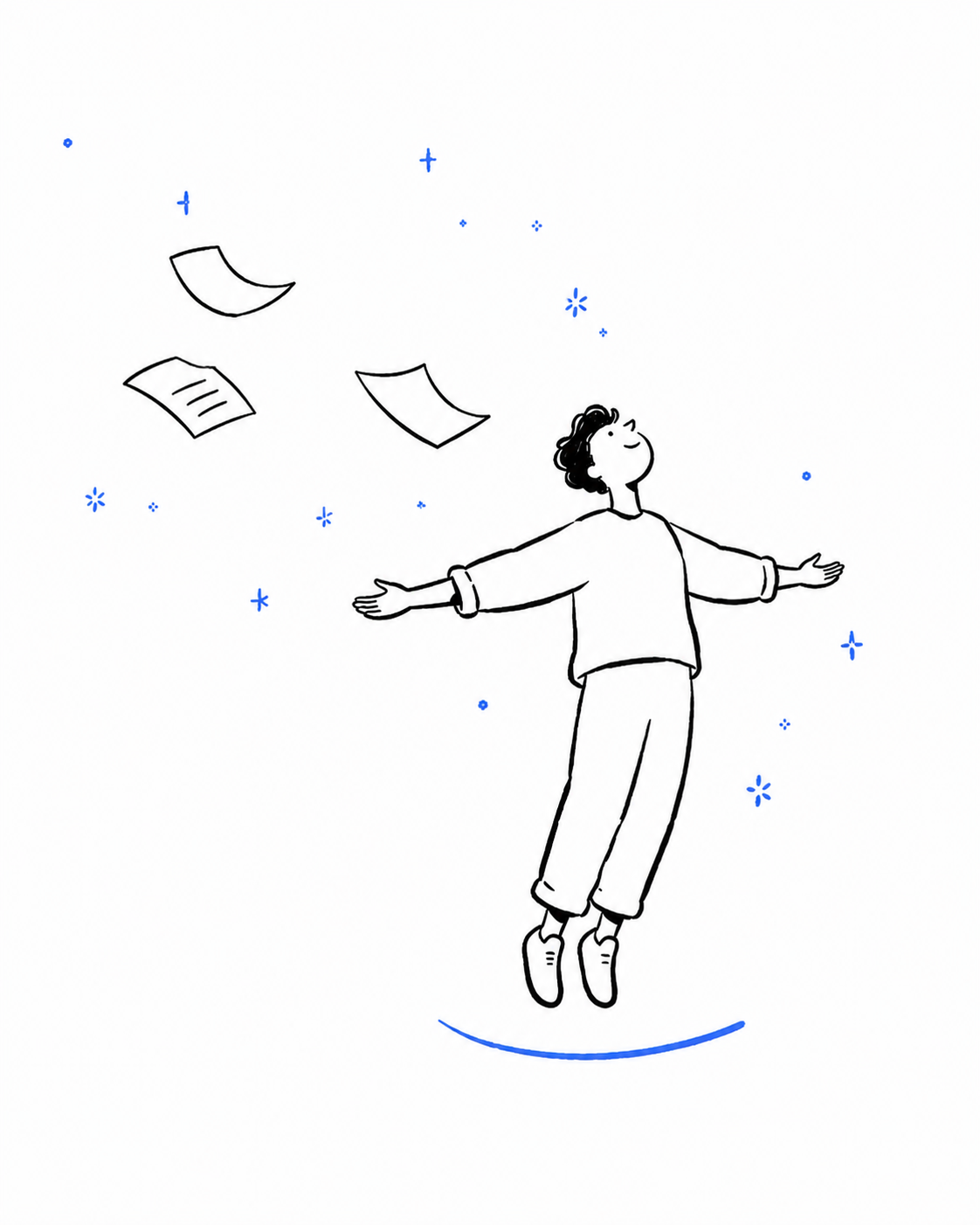 A trainee floats among feedback papers and small blue stars.